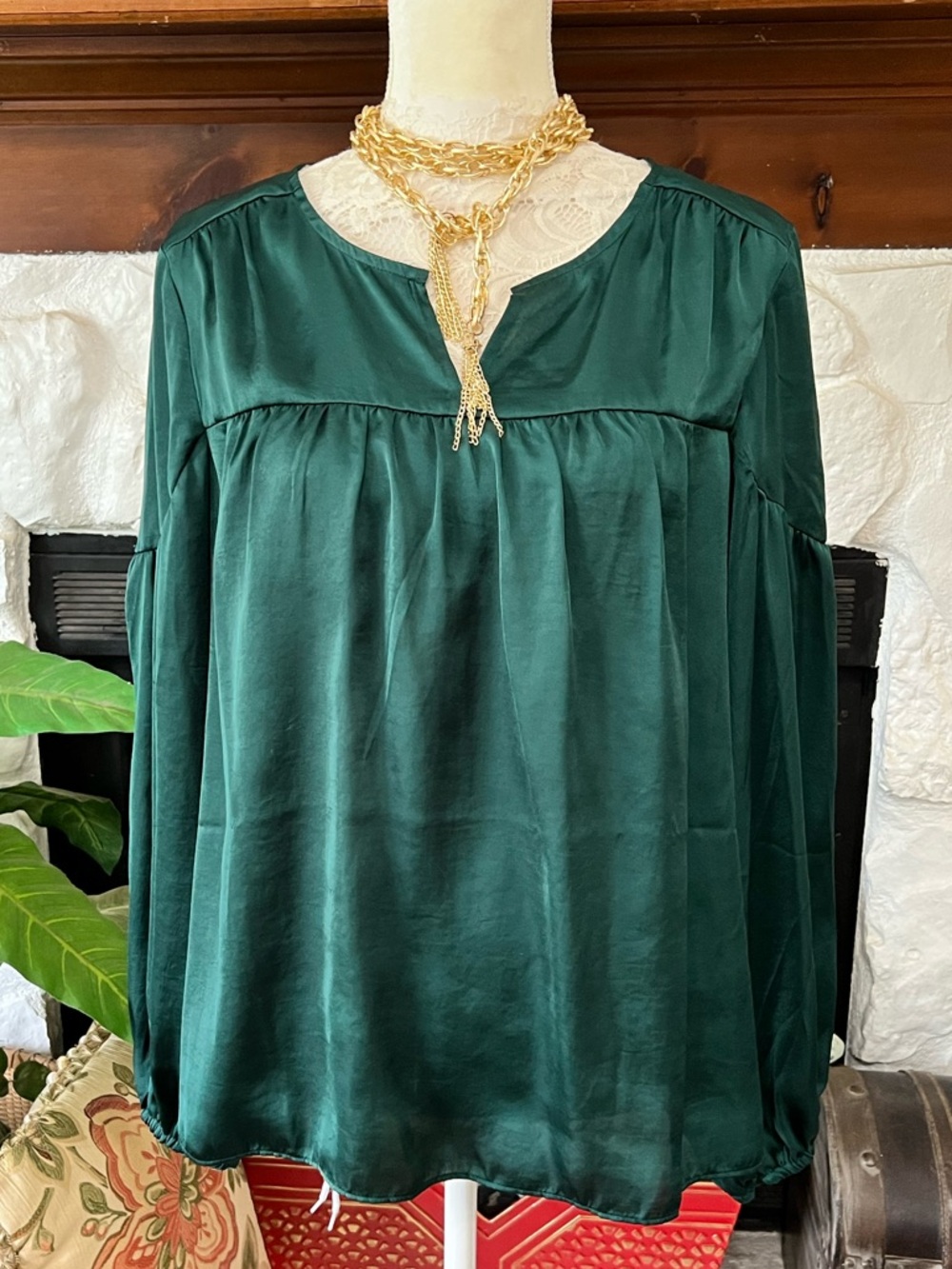 Vince Camuto Emerald Green Satin Long-Sleeve Women's Blouse Size L